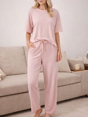 Ekouaer Pink Pajama Set Womens Large Lounge Sleepwear Soft Stretch 2 Piece Set